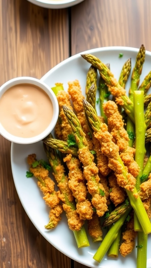 Crispy air fryer asparagus fries on a plate with dipping sauce and parsley garnish.